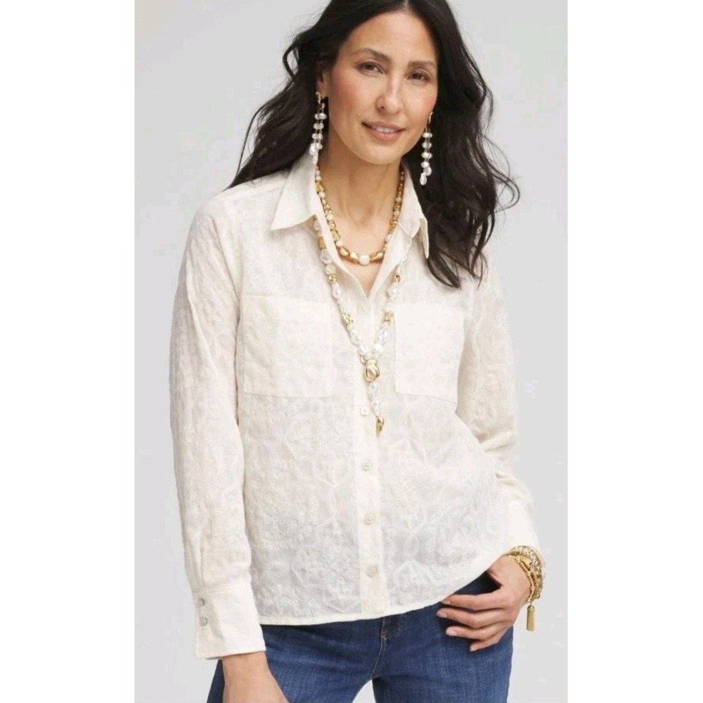 NWT Retail $109 Chicos‎ Embr Pocket Top Classic Timeless Old Money Embroidered